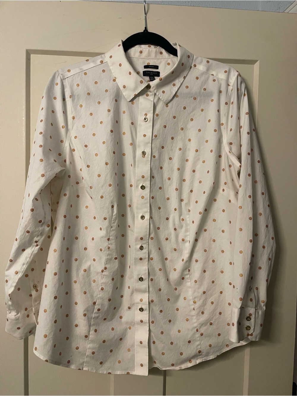 Talbots White Button-Up Shirt with gold Polka Dots